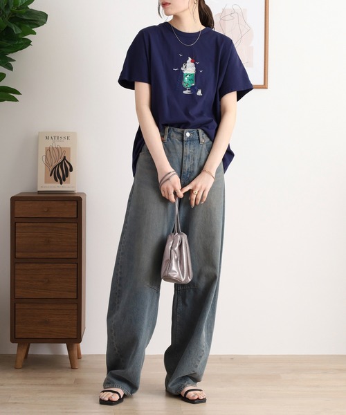 クリームソーダ刺繍ドルマンTシャツ emago ナチュラル カジュアル 大人 かわいい 北欧 Tシャツ　クリームソーダ EMAGO クリームソーダ刺繍ドルマンTシャツ（Tシャツ/カットソー
