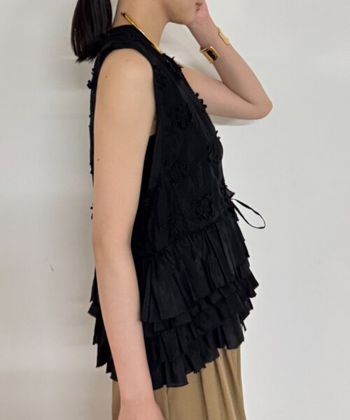Loungedress ベスト ジレ crinkle frill rayon shantung vest