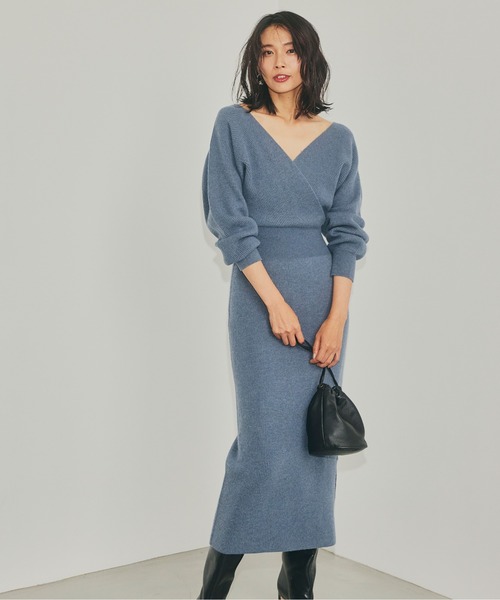 【極美品】FRAY I.D 半袖ニットロングワンピース 青 フリーサイズ FRAY I.D（フレイ・アイディー） ニットワンピース ONE SIZE ブルー