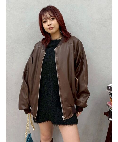 ボルドー　オーバーサイズ レザージャケット　evris EVRIS（エヴリス） ブルゾン アウター ヴィンテージライクフェイク