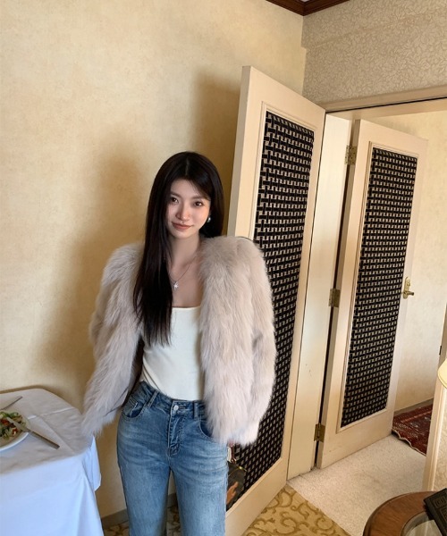 ノーカラーコート コート フェイクファー ショート丈 レディース