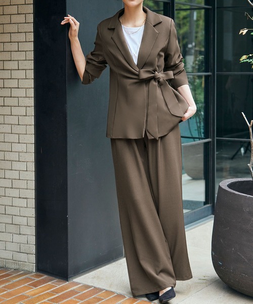 LOWO セットアップ テーラードジャケット リボンベルト ワイドパンツ