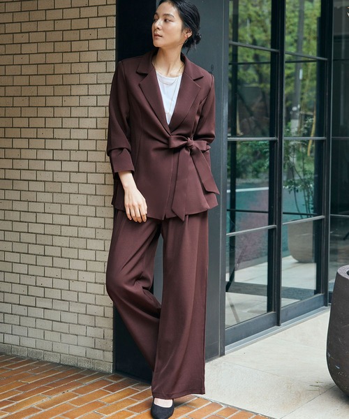 LOWO セットアップ テーラードジャケット リボンベルト ワイドパンツ