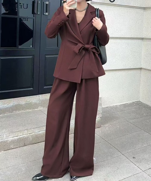 LOWO セットアップ テーラードジャケット リボンベルト ワイドパンツ