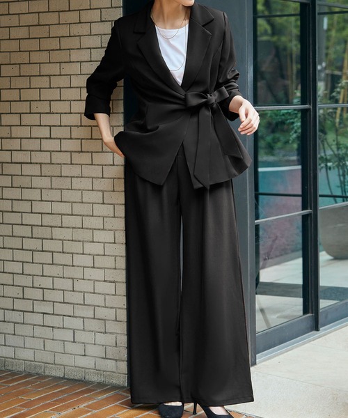 LOWO セットアップ テーラードジャケット リボンベルト ワイドパンツ