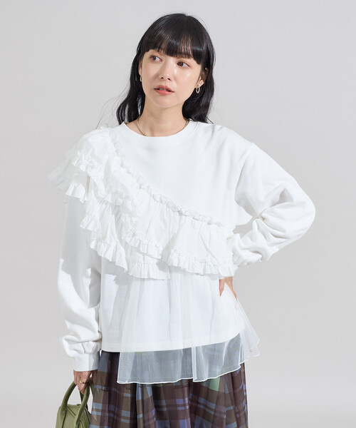 MUVEIL 刺繍 ドッキングカットソー スウェット フリル ホワイト MERAKI トレーナー スウェット フリルドッキングスウェット レディース