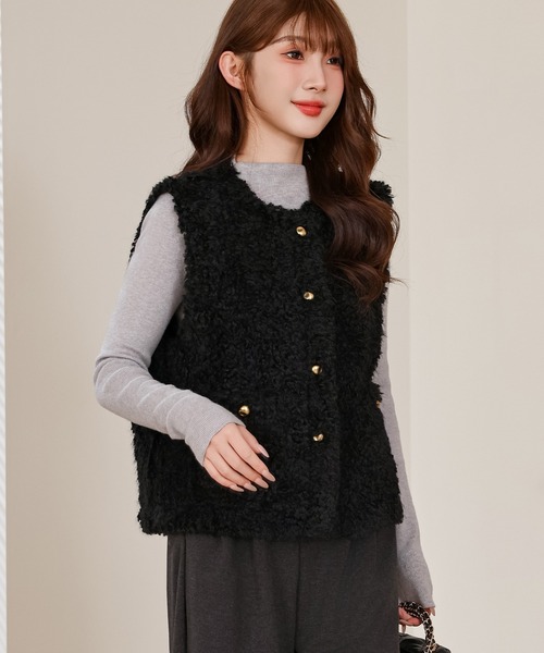 Anely ベスト ジレ プードルファー メタル ボタン ダブルポケット
