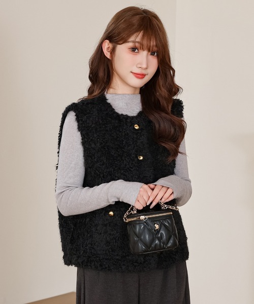 Anely ベスト ジレ プードルファー メタル ボタン ダブルポケット