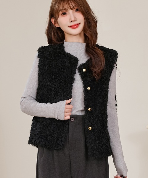 Anely ベスト ジレ プードルファー メタル ボタン ダブルポケット