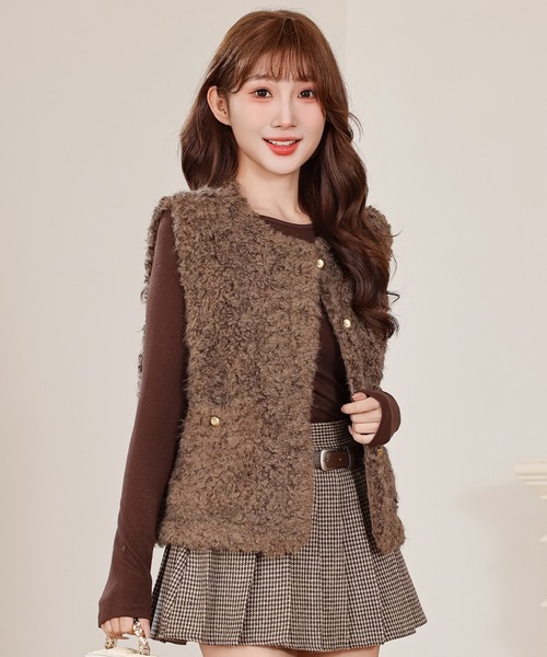 Anely ベスト ジレ プードルファー メタル ボタン ダブルポケット