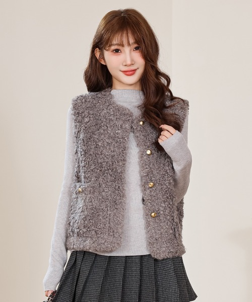 Anely ベスト ジレ プードルファー メタル ボタン ダブルポケット