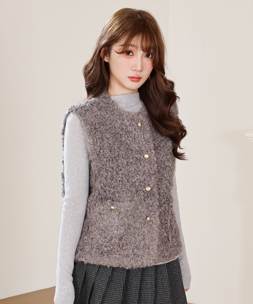 Anely ベスト ジレ プードルファー メタル ボタン ダブルポケット