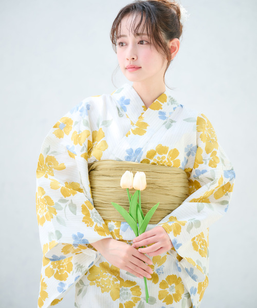 浴衣 帯 下駄 巾着 その他小物セット 花柄 ホワイト イエロー Ada. 浴衣 2点セット 「帯+浴衣」 浴衣 好印象を与える華やか清楚柄