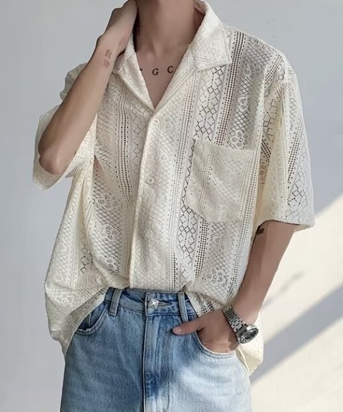 lilful シャツ 半袖 「26年春夏新作」オープンカラー透かし網レース