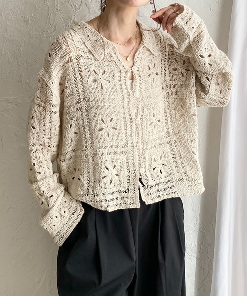 She's Closet カーディガン 長袖 ショート丈 かぎ針編み クロシェ