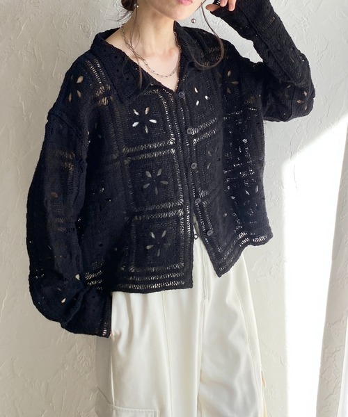 She's Closet カーディガン 長袖 ショート丈 かぎ針編み クロシェ