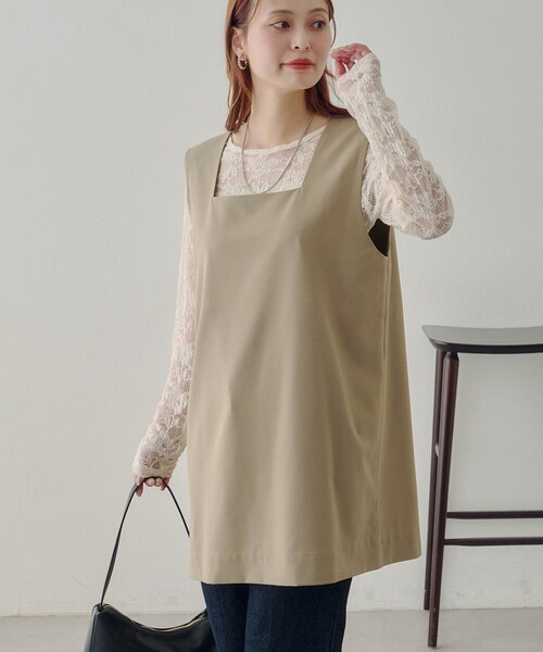 新品✨コラム 24AW 定価7.48万 ロングチュニック ジレ ベスト ベージュ Discoat（ディスコート） ベスト ジレ 「Noka」前後2WAYチュニック
