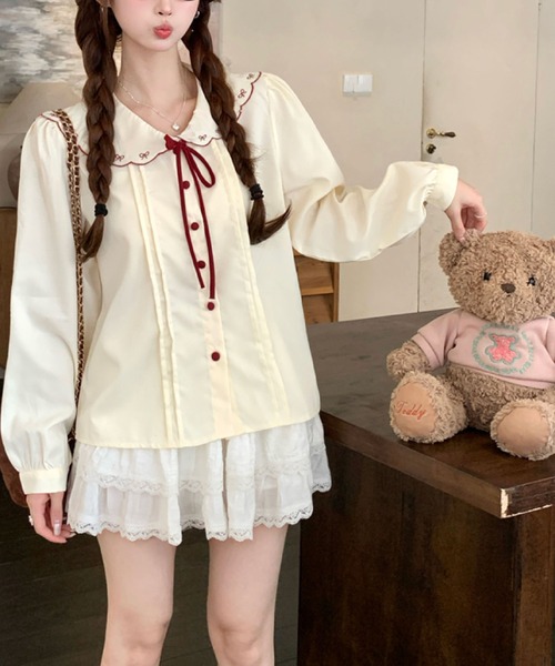 2ly2 ブラウス シャツ リボン刺繍 セーラーカラーブラウス レディース 