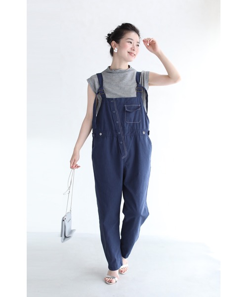 SEEALL ロンパース　サロペット　オールインワン　オーバーオール　ネイビー mi via loca（ミヴィアロカ）の「フリルギャザー ストライプロンパース