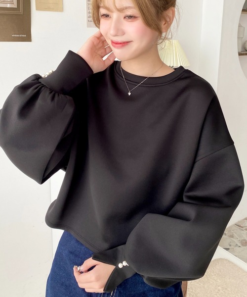 moment+ tシャツ ボンディングパール付き長袖スリットボリューム