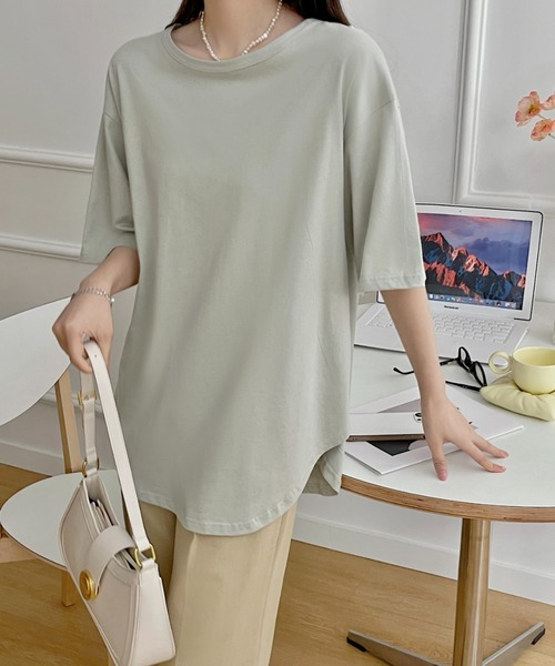 プルオーバー レディース トップス 半そで シンプルデザイン 綿混 脇スリット COO+i tシャツ 半袖サイドスリットカットソー レディース