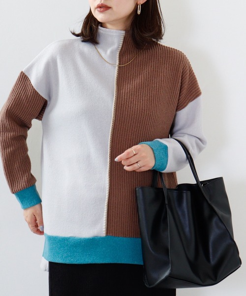 ニット セーター Anna Nicola 異素材切替ハンドステッチプルオーバー レディース