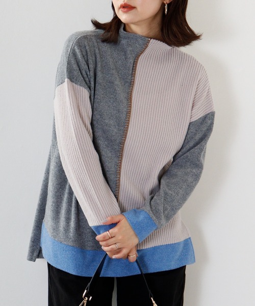 ニット セーター Anna Nicola 異素材切替ハンドステッチプルオーバー レディース Anna Nicola ニット セーター 異素材切替ハンドステッチプル