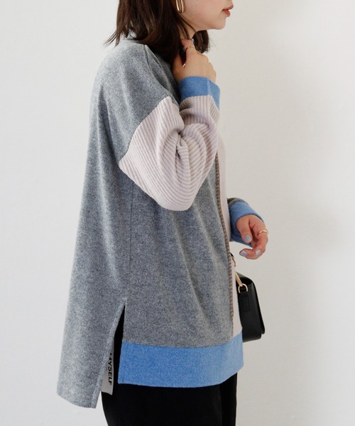 ニット セーター Anna Nicola 異素材切替ハンドステッチプルオーバー レディース Anna Nicola ニット セーター 異素材切替ハンドステッチプル