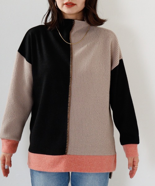 ニット セーター Anna Nicola 異素材切替ハンドステッチプルオーバー レディース Anna Nicola ニット セーター 異素材切替ハンドステッチプル