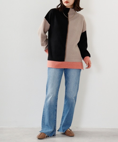 ニット セーター Anna Nicola 異素材切替ハンドステッチプルオーバー レディース Anna Nicola ニット セーター 異素材切替ハンドステッチプル