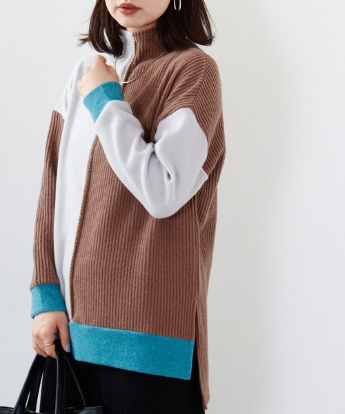 ニット セーター Anna Nicola 異素材切替ハンドステッチプルオーバー レディース Anna Nicola ニット セーター 異素材切替ハンドステッチプル