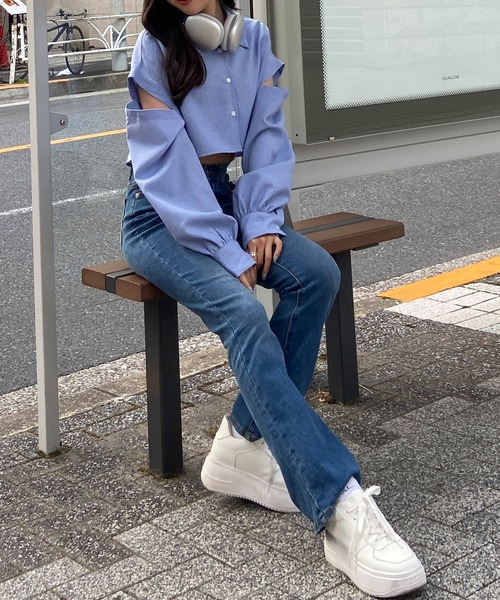 RiLi ブラウス シャツ クロップド丈袖たぽシャツ「RL