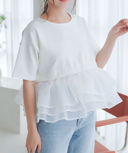Cen. トップス　カットソー　フリル　ホワイト　白　人気　完売 GeeRA｜接触冷感袖フリルカットソー | Rakuten Fashion(楽天