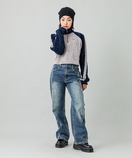 MHL. ニット　セーター　XS ダークネイビー X-girl ニット セーター STRIPED SLEEVE HALF ZIP KNIT TOP