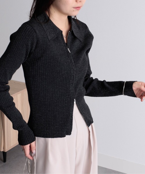 RANAN（ラナン） ニット セーター ダブルジップラメリブカーディガン