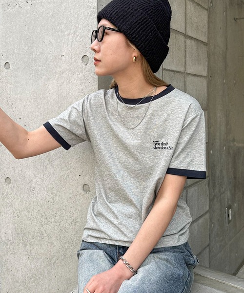 tシャツ エンブロイダリーリンガーTシャツ レディース feepur tシャツ エンブロイダリー配色リンガーTee レディース