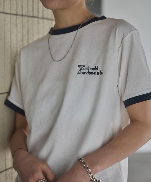 tシャツ エンブロイダリーリンガーTシャツ レディース feepur tシャツ エンブロイダリー配色リンガーTee レディース