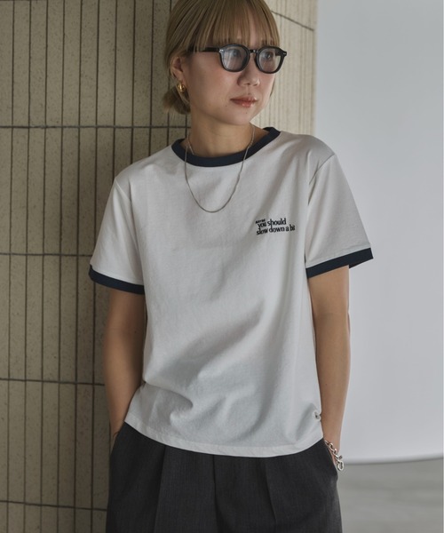 tシャツ エンブロイダリーリンガーTシャツ レディース feepur tシャツ エンブロイダリー配色リンガーTee レディース