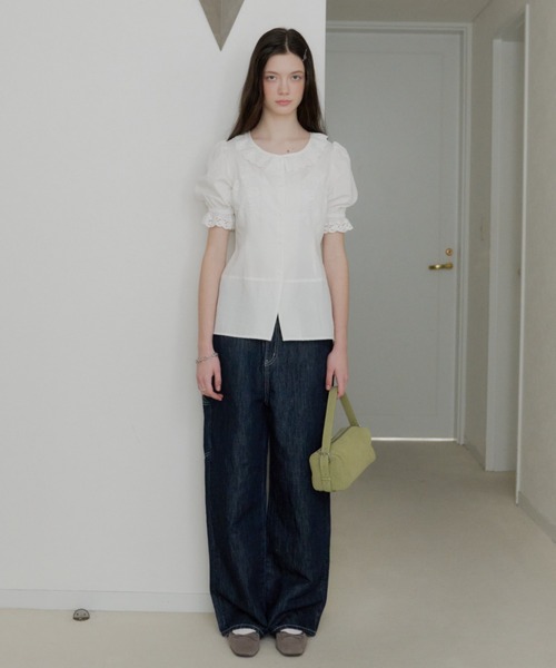 GIUNON ブラウス シャツ 夏 半袖 embroidery frill puff blouse / エン