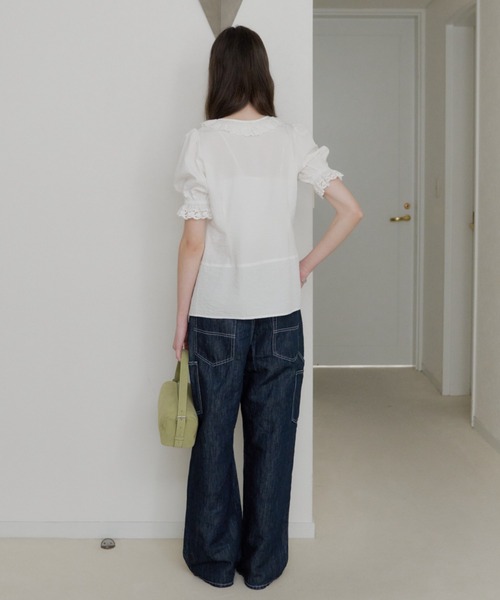 GIUNON ブラウス シャツ 夏 半袖 embroidery frill puff blouse / エン