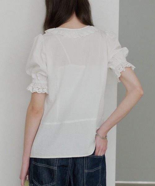 GIUNON ブラウス シャツ 夏 半袖 embroidery frill puff blouse / エン