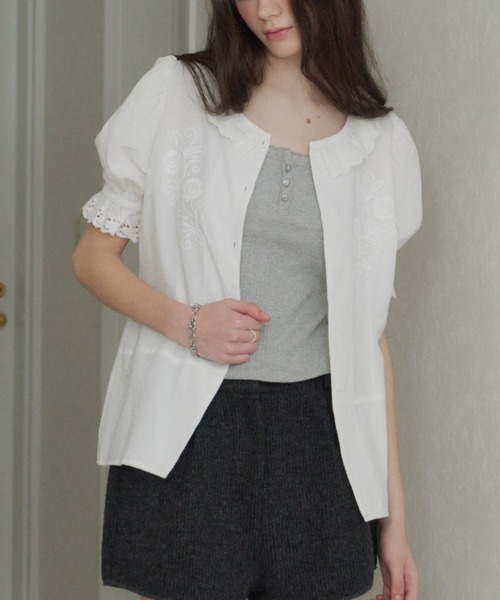 GIUNON ブラウス シャツ 夏 半袖 embroidery frill puff blouse / エン