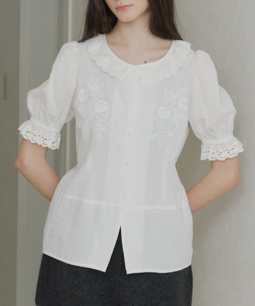 GIUNON ブラウス シャツ embroidery frill puff blouse / エンブロイ