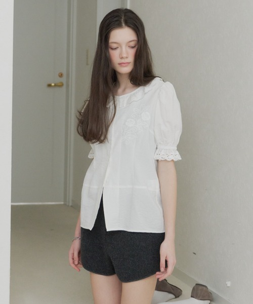 GIUNON ブラウス シャツ 夏 半袖 embroidery frill puff blouse / エン