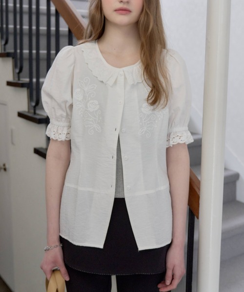 GIUNON ブラウス シャツ embroidery frill puff blouse / エンブロイ