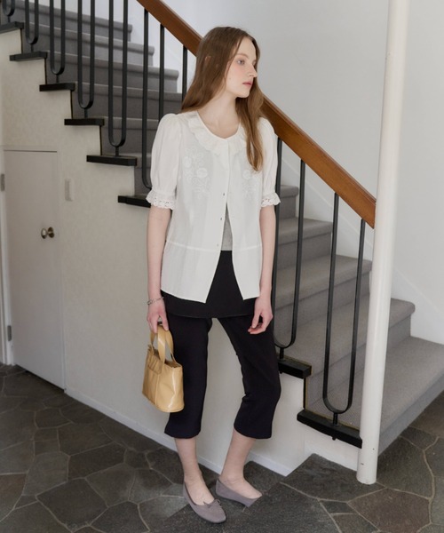 GIUNON ブラウス シャツ 夏 半袖 embroidery frill puff blouse / エン
