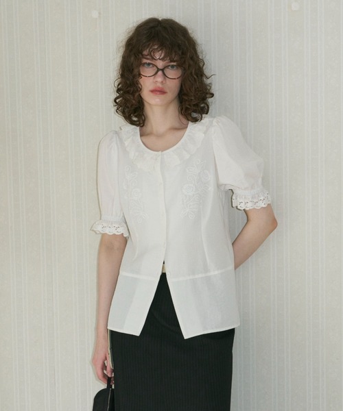 ブラウス シャツ エンブロイダリーフリルスリーブトップス レディース GIUNON ブラウス シャツ embroidery frill puff blouse / エン