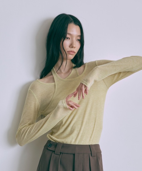 tシャツ Faux Layer Sheer Ribbed Top レディース