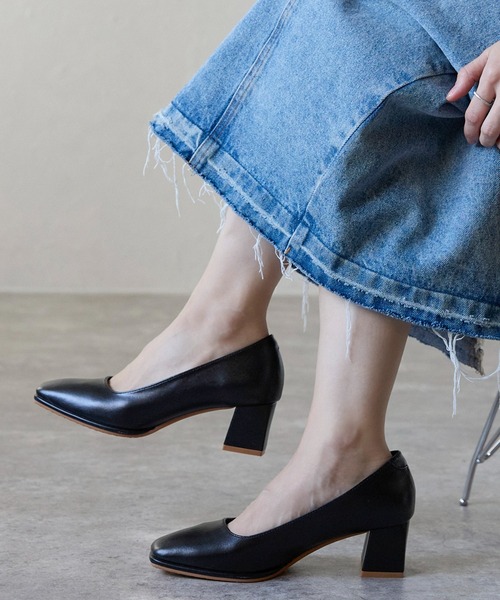 チャンキーヒール ソフトレザーパンプス スクエアトゥ STYLEBLOCK パンプス チャンキーヒールスクエアトゥパンプス