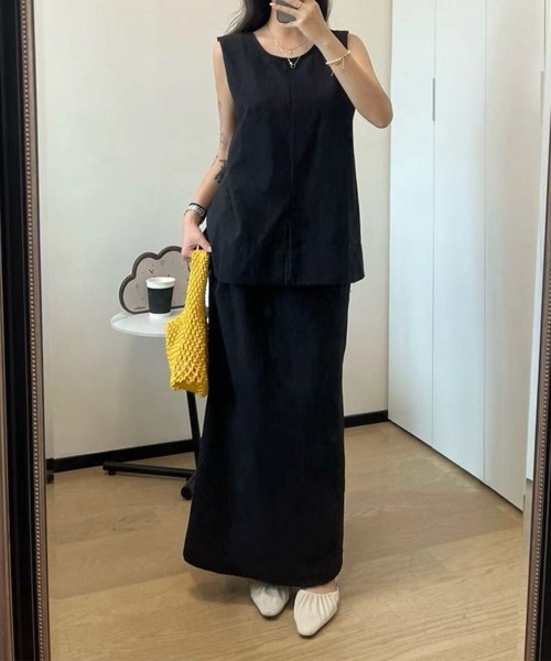 セットアップ ノースリーブ トップス ロング丈スカート 無地 3色 セットアップ 花柄トップスとスカート上下セット アシンメトリー